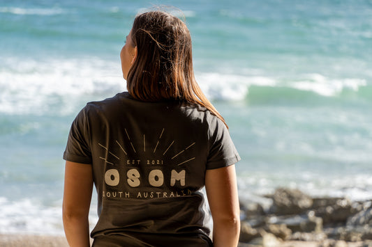 OSOM Women's Everyday T-Shirt. Relaxed Fit. Charcoal Grey Colour. Beach Landscape Shot. 